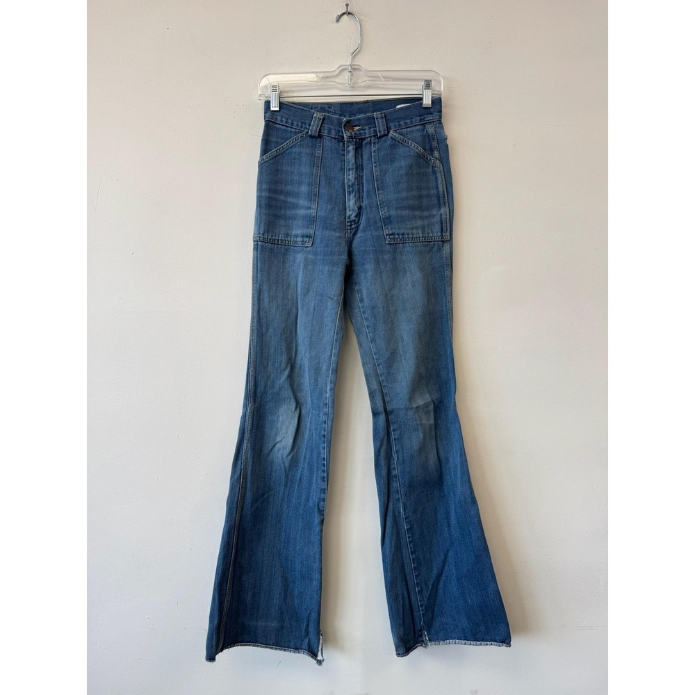 Vintageβ Disco Jeans Womens 25" Blue Mid Rise Flare Distressed Pocket 70s
